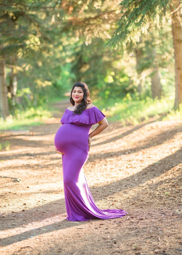 Pregnant Woman in a purple dress - Calgary Maternity Photographer - Belliam Photos - Wendy Goetz
