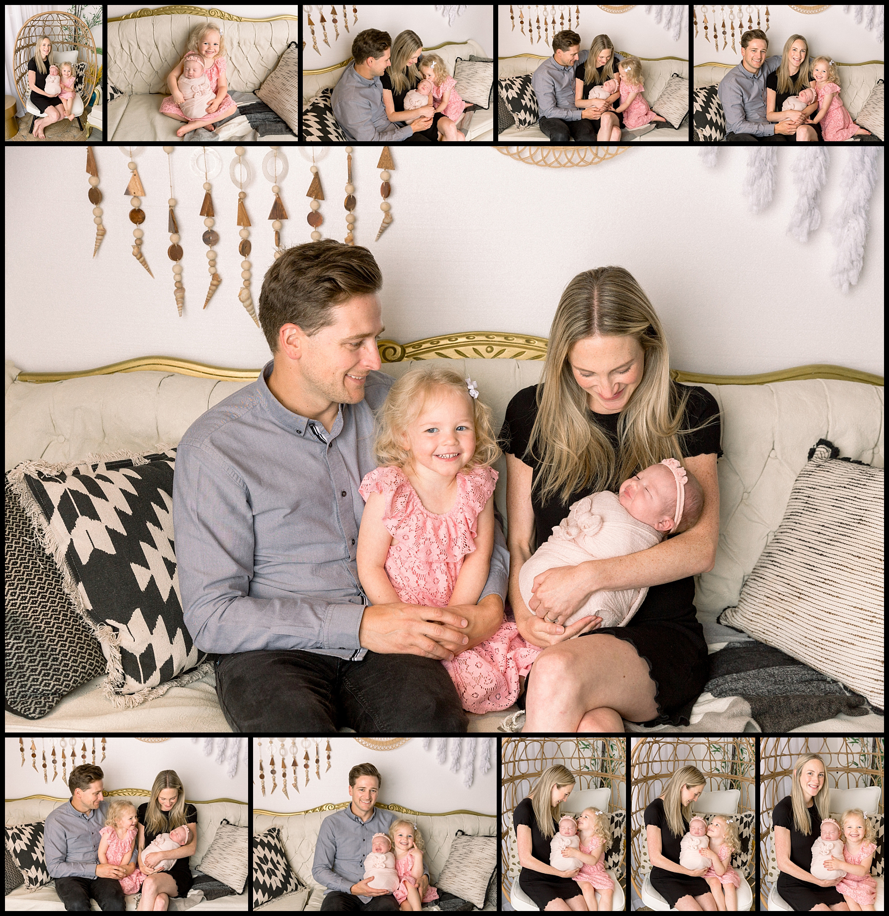 Parents holding a newborn girl family photo collage
