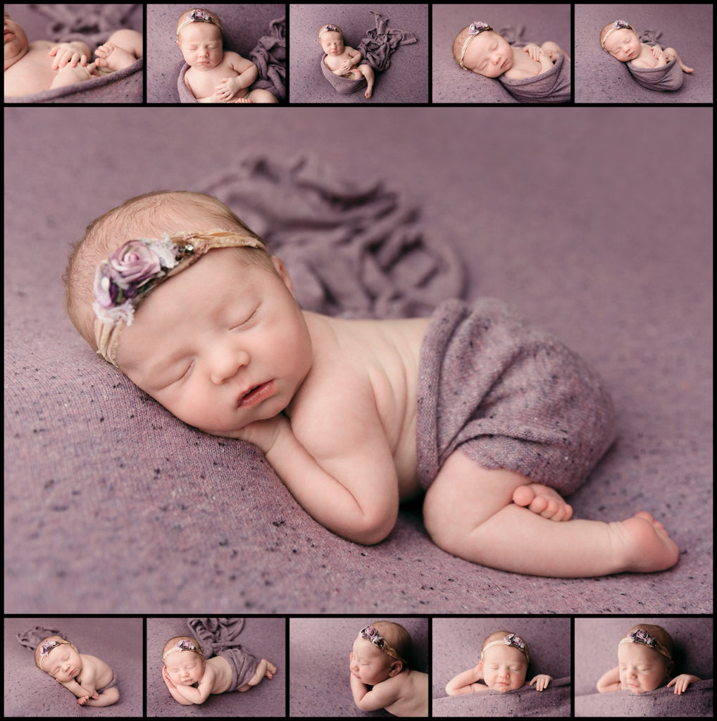 Collage of a newborn baby posed on a purple blanket